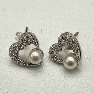 Swarovski Vintage Crystal Faux Pearl Heart Stud Earrings